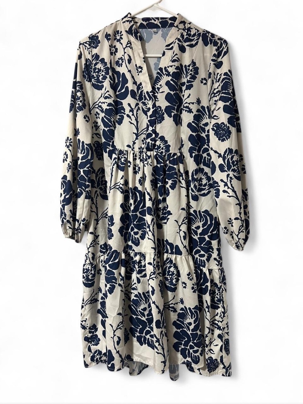 SHEIN Navy Floral Tiered Long Sleeve Midi Dress on Cream